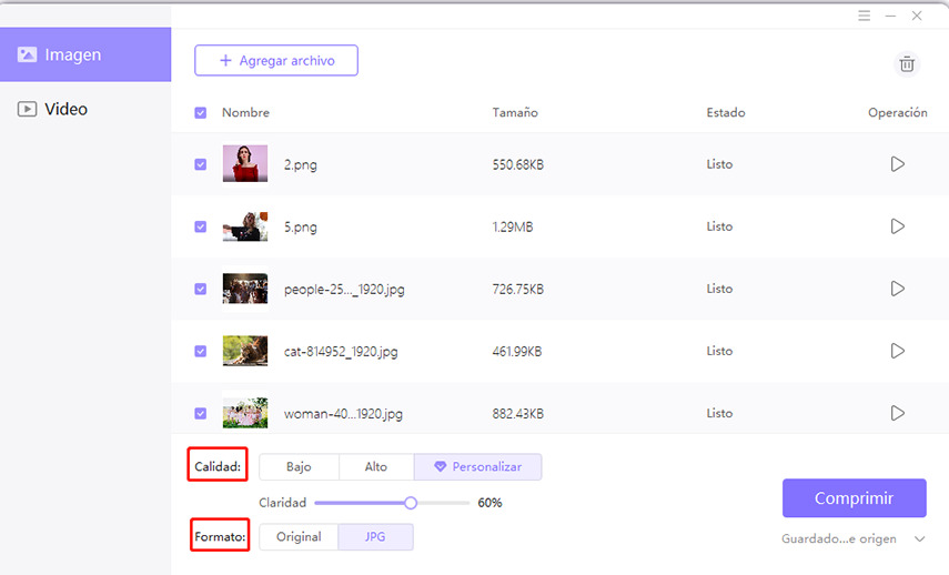 selecciona calidad y formato para comprimir archivo
