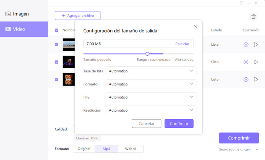 seleccionar formato de salida para reducir