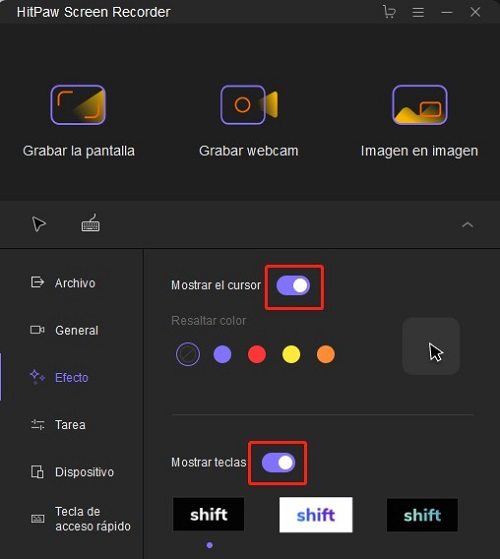 hitpaw screen recorder ajustes de efectos
