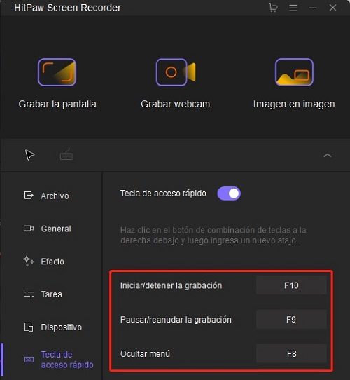 hitpaw screen recorder ajustes dispositivos