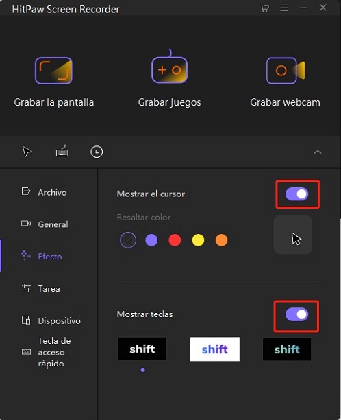 hitpaw screen recorder ajustes de efectos
