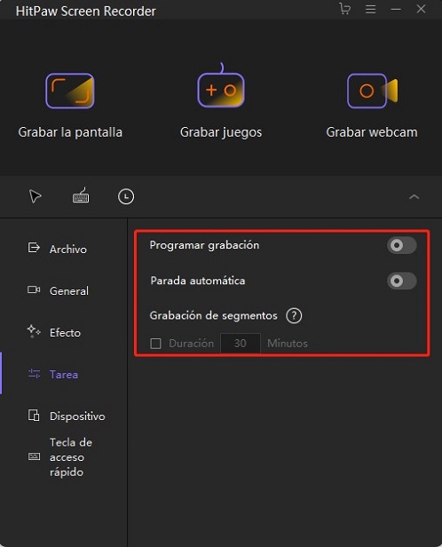 hitpaw screen recorder ajsutes de tarea