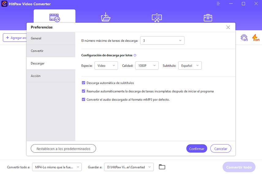 HitPaw video converter Descargar Preferencias