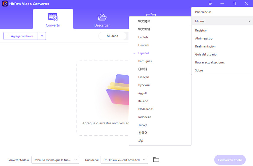 hitpaw video converter idiomas compatibles