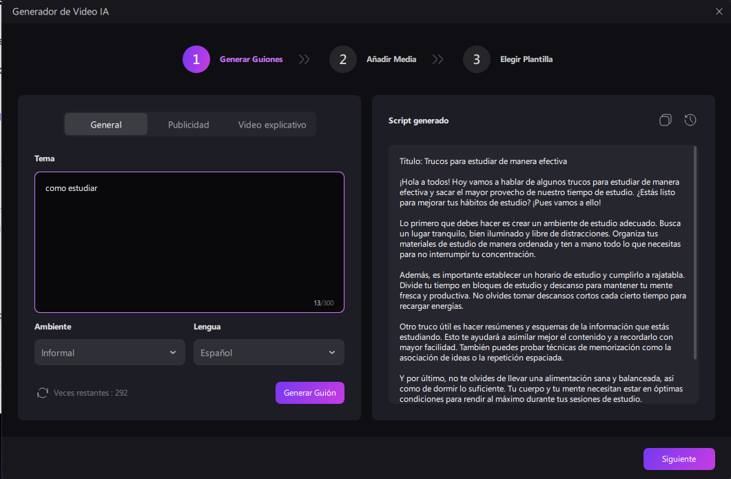 Generación de scripts de IA en Edimakor