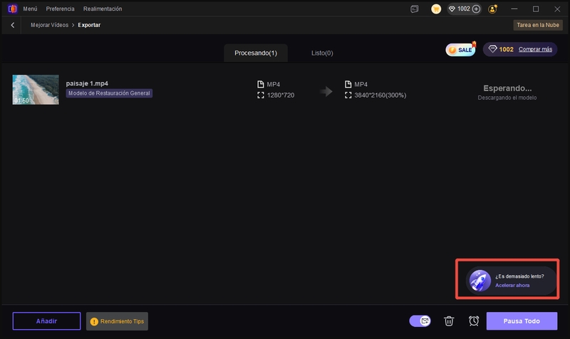 botón de aceleración en la página de exportación
