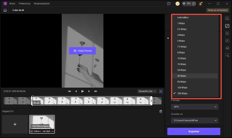 Opciones de tasa de bits de Color de IA de HitPaw VikPea