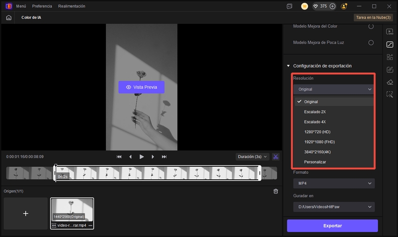 Opciones de resolución de Color de IA de HitPaw VikPea