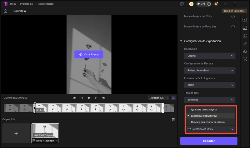 Opciones de guardar en de Color de IA de HitPaw VikPea