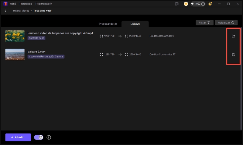 lista completada de exportación en la nube