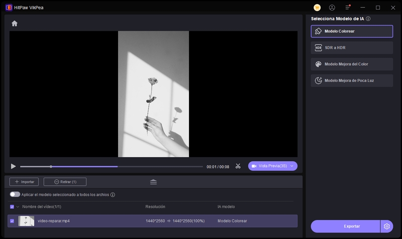 poner color a un video en blanco y negro con hitpaw video enhancer
