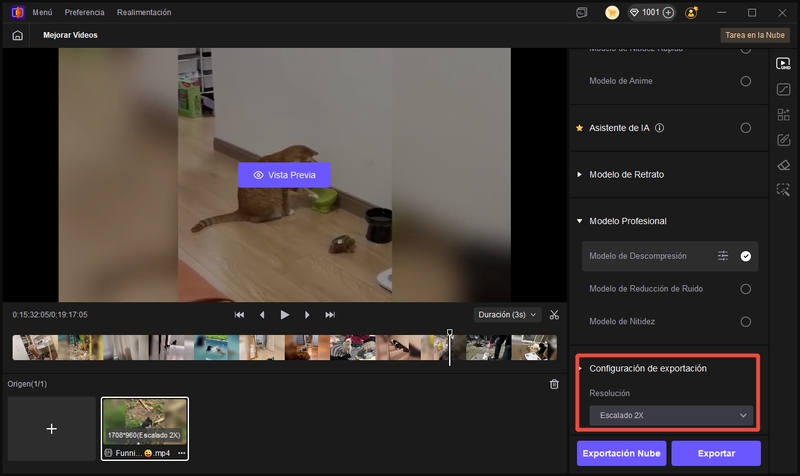 modelo de descompresión ajustar configuración de exportación de video