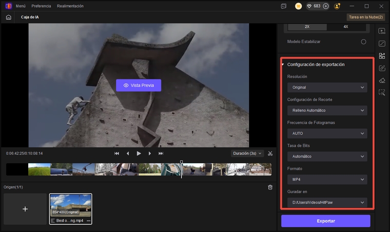 configuración de exportación de interpolación de fotogramas