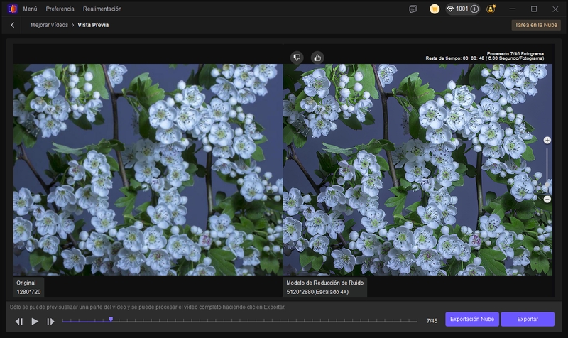 previsualizar y exportar vídeo con reducción de ruido