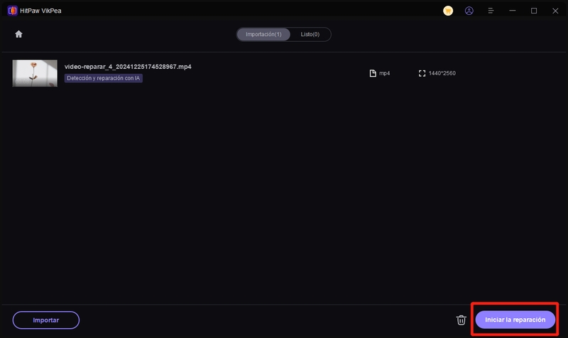 inicia la reparación de videos corrompidos