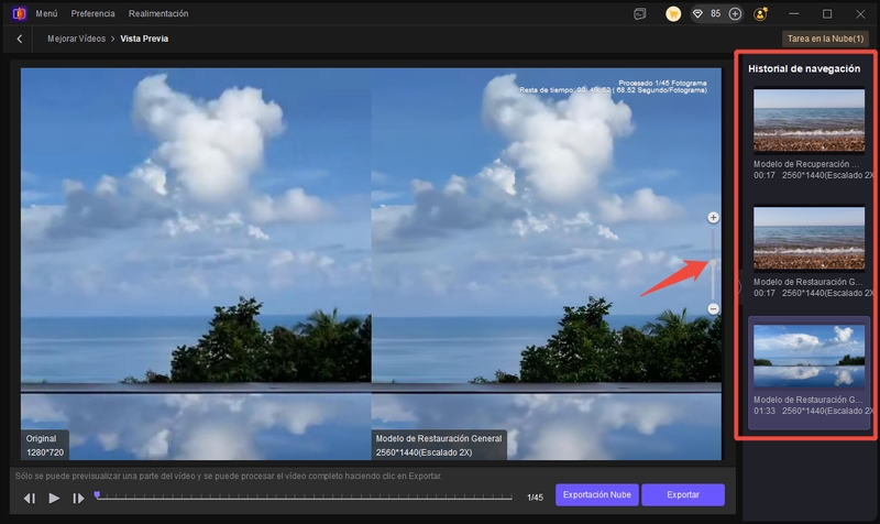 interfaz de previsualización de video e historial de navegación