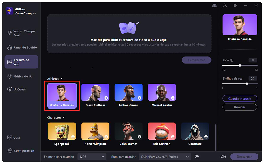 aplicar la voz de cristiano ronaldo a tu archivo
