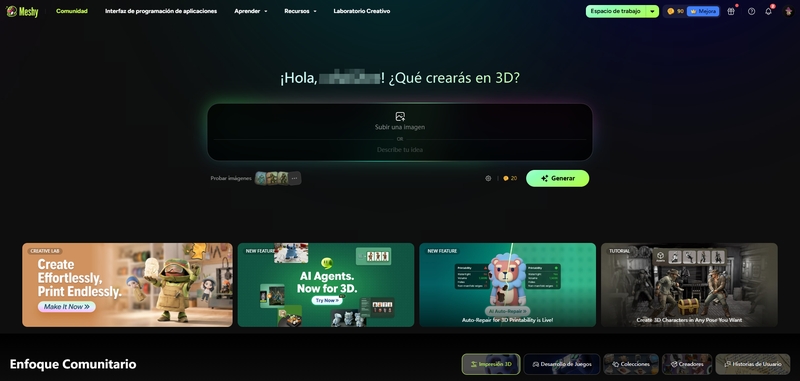 meshy ai 3d inicio