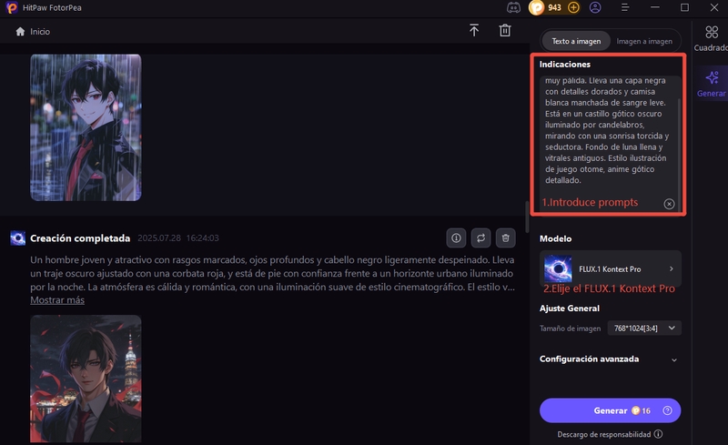 Introduce el prompt y elije el modelo con HitPaw FotorPea