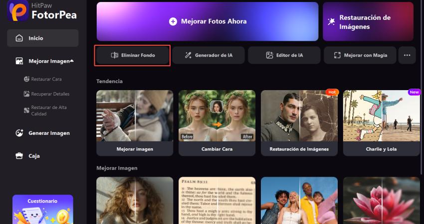 inicia hitpaw fotopea y haz clic en eliminador de fondo