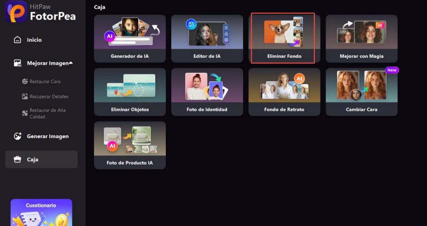 inicia hitpaw fotopea y haz clic en eliminar fondo