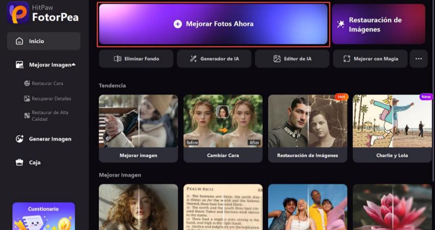 haz clic en el botón mejorar fotos ahora de fotorpea