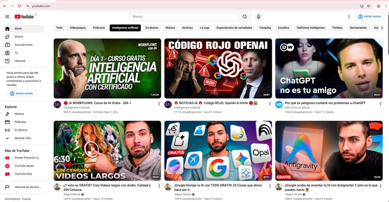 página de inicio de YouTube