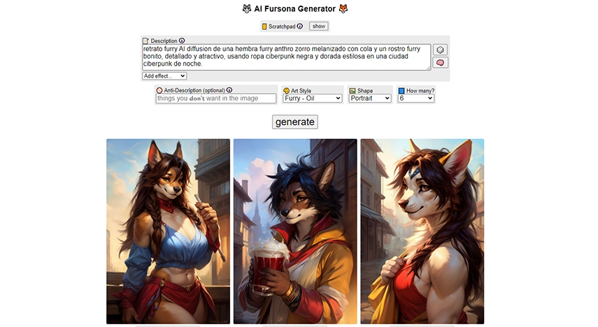 generar imagen furry con Perchance.org Furry AI